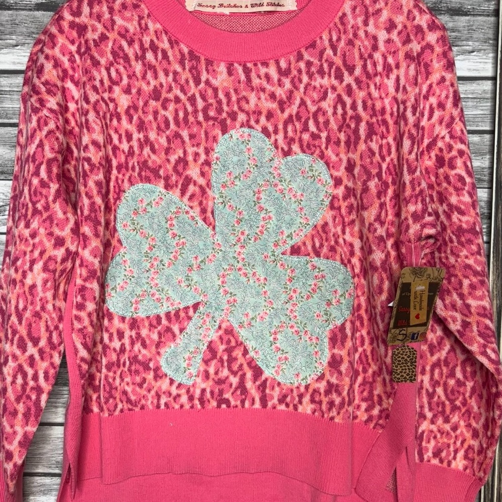 Handmade UpCycled Repurposed Reworked Pink Leopard Sweater Shamrock St Patrick’s